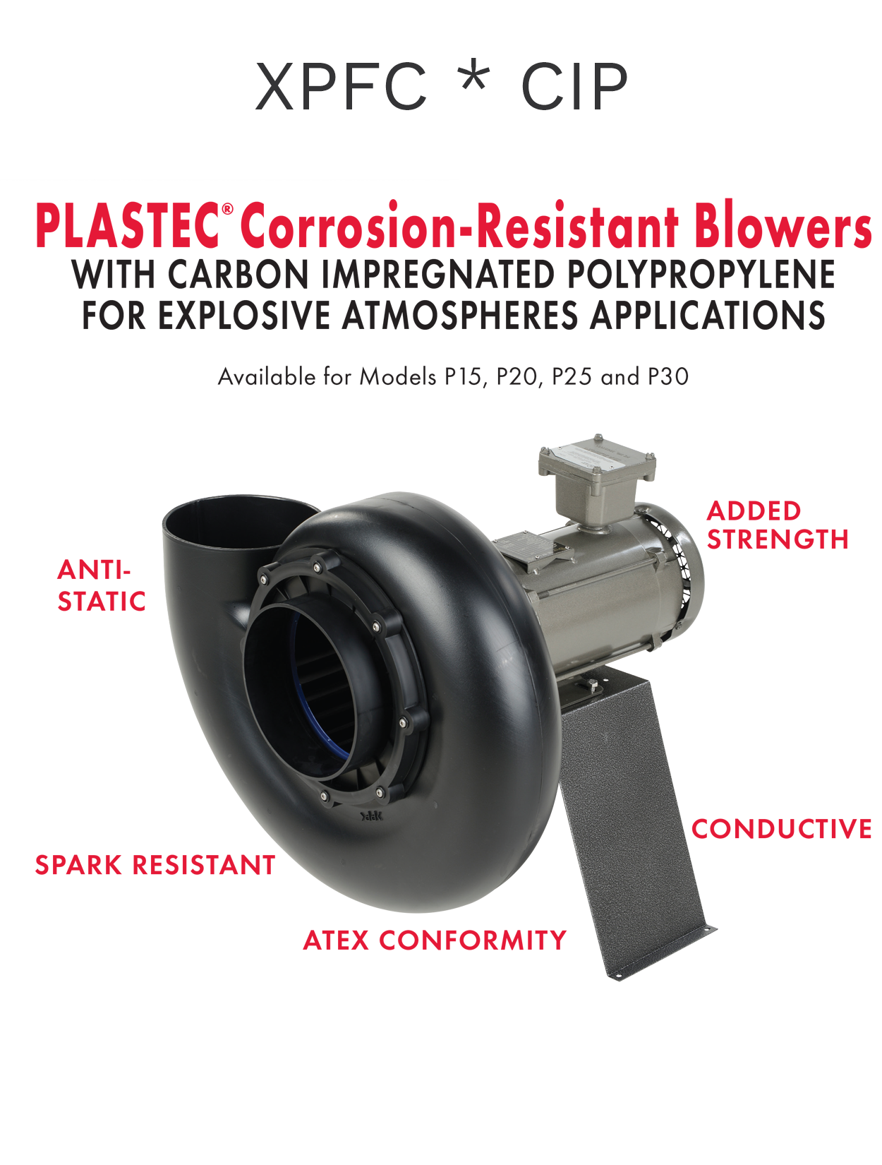Plastec 30 Direct Drive Forward Curve Polypropylene Blower available in explosion-proof option made with Carbon Impregnated Polypropylene
